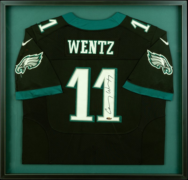 Image of Carson Wentz Jersey in a Shadowbox Frame